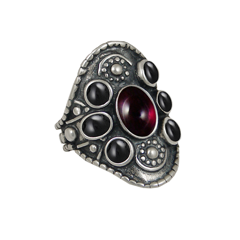Sterling Silver High Queen's Ring With Garnet And Black Onyx Size 7